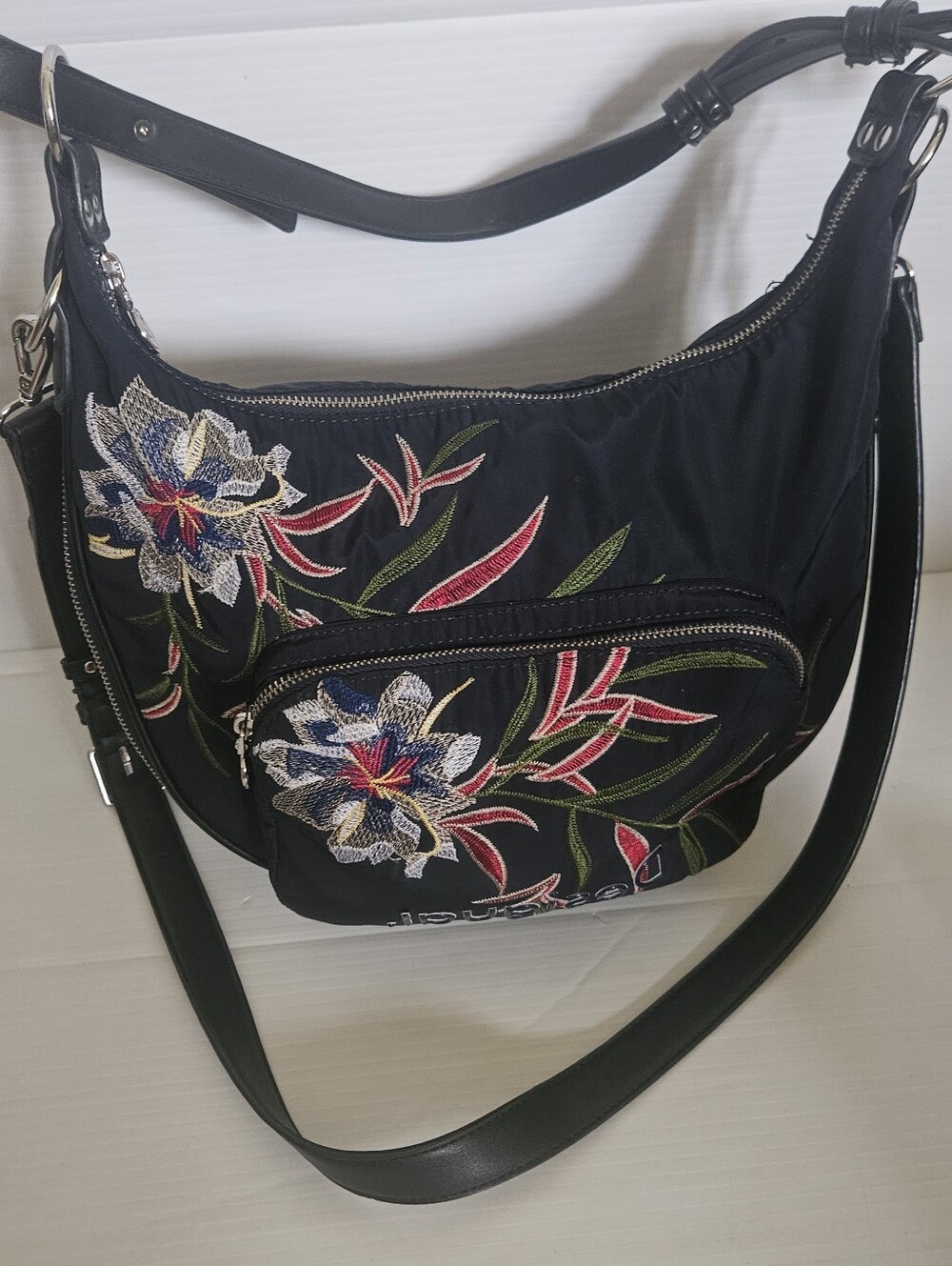 Desigual Siberia Floral Embroidered Shoulder Crossbody Bag Navy Blue Boho Bag - Picture 7 of 16